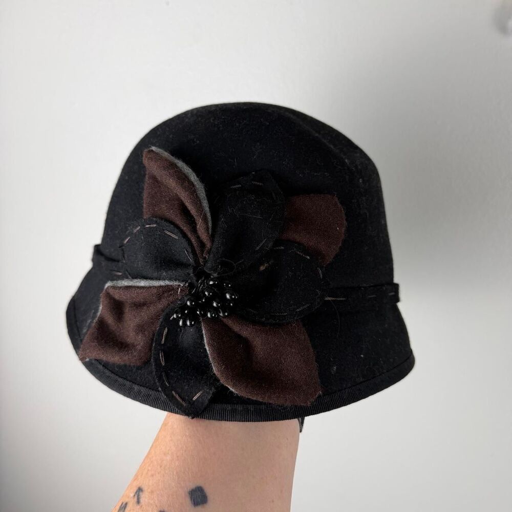Scala Collezioni Black Wool Cloche Bucket Hat Floral Appliqué One Size
